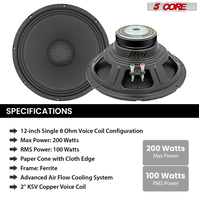 Alt view image 6 of 7 - 5Core 12" Subwoofer 1200W PA DJ Sub Woofer Pair Audio 8Ohm w Deep Bass Pro Audio Replacement Loud Speaker