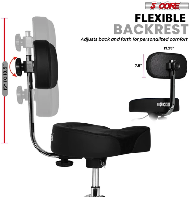 Alt view image 4 of 7 - 5 Core Drum Throne 4" Padded Seat w Backrest Airlift Adjustable Chair Ergonomic Drummer Stool