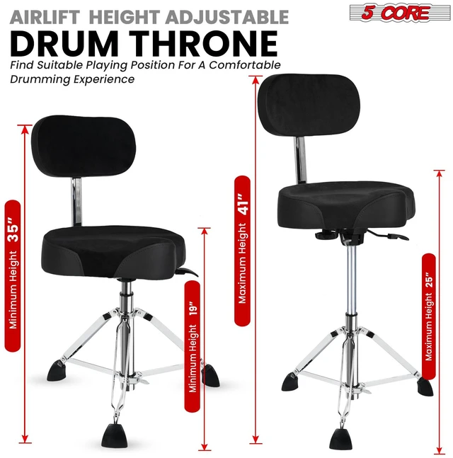 Alt view image 3 of 7 - 5 Core Drum Throne 4" Padded Seat w Backrest Airlift Adjustable Chair Ergonomic Drummer Stool