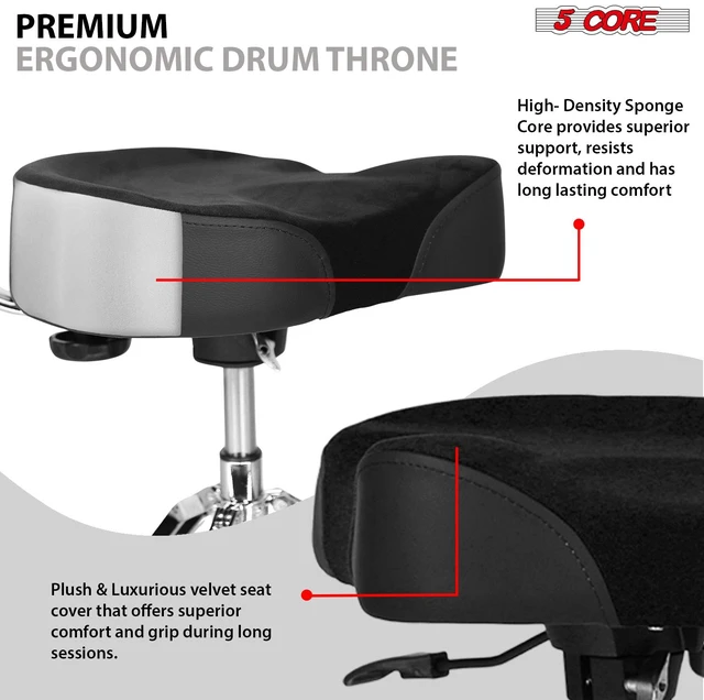 Alt view image 5 of 7 - 5 Core Drum Throne 4" Padded Seat w Backrest Airlift Adjustable Chair Ergonomic Drummer Stool