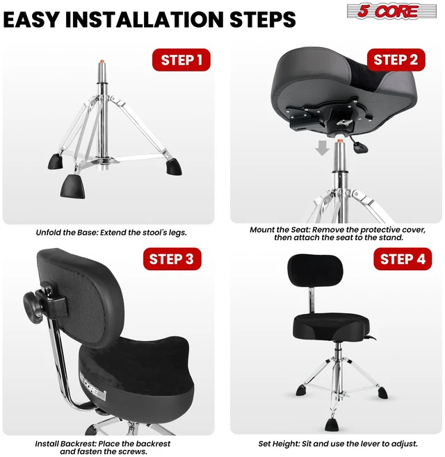 Alt view image 7 of 7 - 5 Core Drum Throne 4" Padded Seat w Backrest Airlift Adjustable Chair Ergonomic Drummer Stool