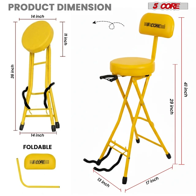 Alt view image 5 of 6 - 5 Core Guitar Stool with 3.15" Padded Seat and Backrest, Foldable Iron Frame, Built-In Guitar Neck Rest, Ergonomic Foot and Back Support, 29" Tall Chair for Musicians
