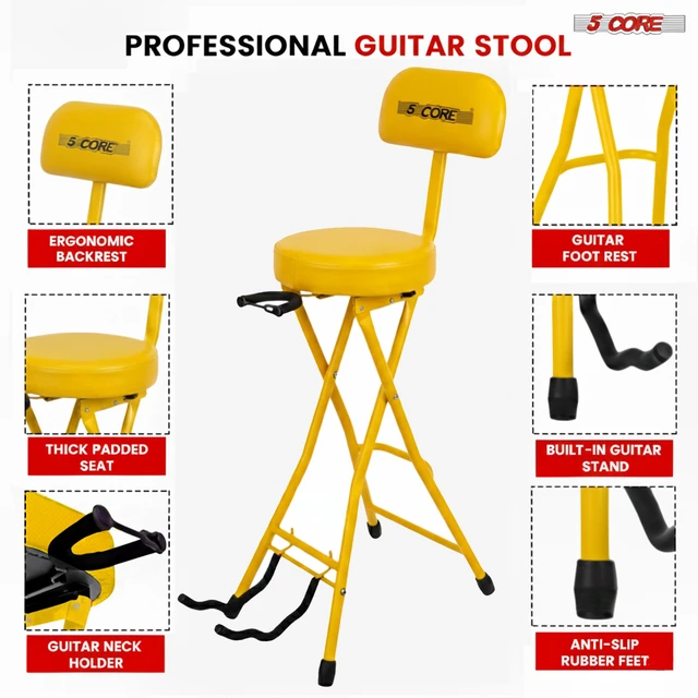Alt view image 6 of 6 - 5 Core Guitar Stool with 3.15" Padded Seat and Backrest, Foldable Iron Frame, Built-In Guitar Neck Rest, Ergonomic Foot and Back Support, 29" Tall Chair for Musicians
