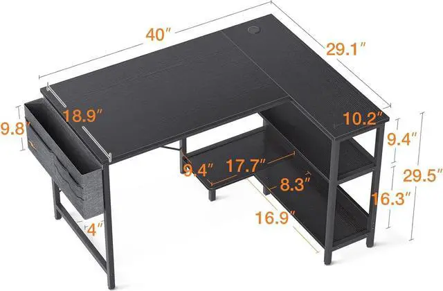 Alt view image 3 of 7 - ODK 40 Inch Small L Shaped Gaming Computer Desk with Power Outlets, Reversible Storage Shelves & PC Stand for Home Office, Simple Writing Study Table with Storage Bag for Small Space, Black