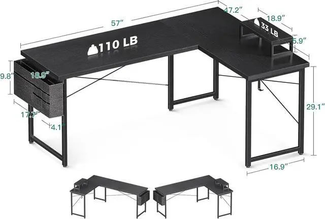 Alt view image 3 of 7 - Casaottima L Shaped Computer Desk with Storage Bag, 57.5 Inch Reversible Gaming Desk, Home Office Corner Desk with Monitor Shelf, Space-Saving Writing Workstation Desk, Easy to Assemble, Black