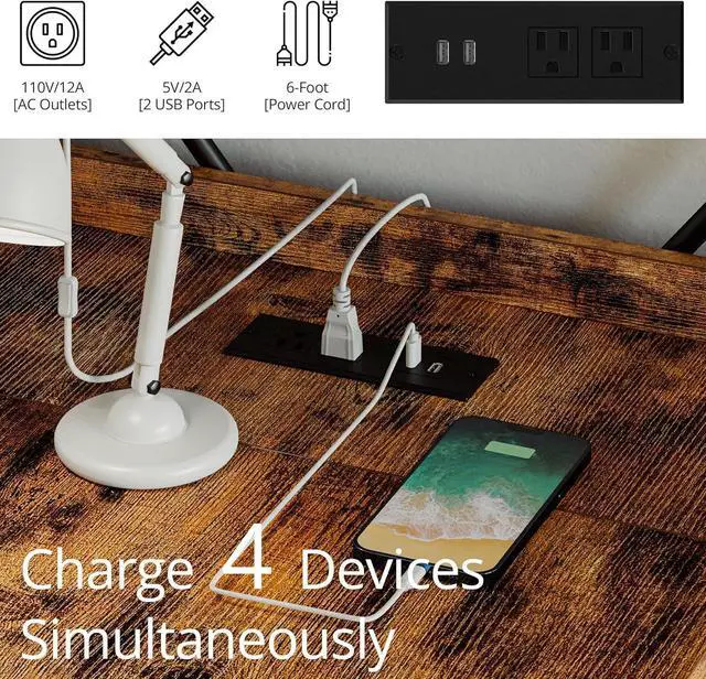 Alt view image 4 of 7 - IRONCK Computer Desk 55" with Power Outlet and Storage Shelves, Study Writing Table with USB Ports Charging Station, PC Desk Workstation for Home Office, Rustic Brown