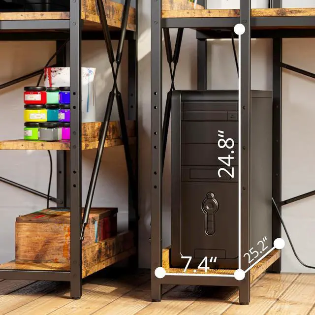 Alt view image 3 of 7 - IRONCK Computer Desk 55" with Power Outlet and Storage Shelves, Study Writing Table with USB Ports Charging Station, PC Desk Workstation for Home Office, Rustic Brown