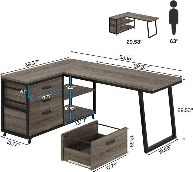 Alt view image 2 of 7 - Tribesigns L-Shaped Desk with 3 Drawers, Reversible Corner Home Office Computer Desk with Shelves, 53-Inch Industrial PC Desk Study Writing Table Workstation for Small Space, Grey