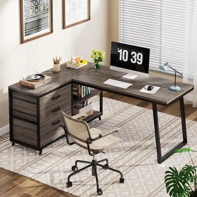 Alt view image 3 of 7 - Tribesigns L-Shaped Desk with 3 Drawers, Reversible Corner Home Office Computer Desk with Shelves, 53-Inch Industrial PC Desk Study Writing Table Workstation for Small Space, Grey