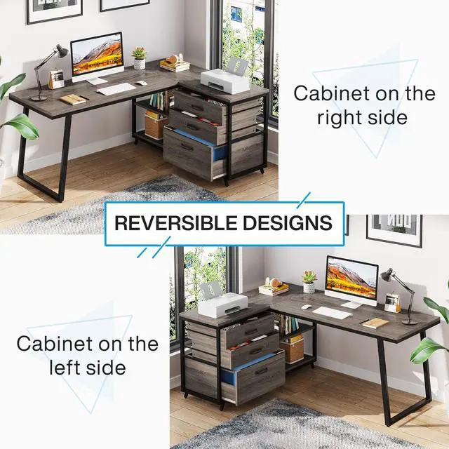Alt view image 5 of 7 - Tribesigns L-Shaped Desk with 3 Drawers, Reversible Corner Home Office Computer Desk with Shelves, 53-Inch Industrial PC Desk Study Writing Table Workstation for Small Space, Grey