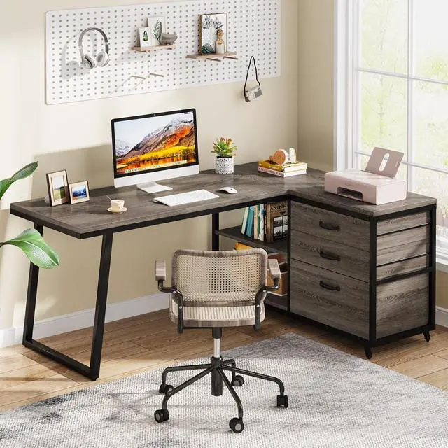 Alt view image 7 of 7 - Tribesigns L-Shaped Desk with 3 Drawers, Reversible Corner Home Office Computer Desk with Shelves, 53-Inch Industrial PC Desk Study Writing Table Workstation for Small Space, Grey