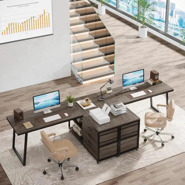Alt view image 6 of 7 - Tribesigns L-Shaped Desk with 3 Drawers, Reversible Corner Home Office Computer Desk with Shelves, 53-Inch Industrial PC Desk Study Writing Table Workstation for Small Space, Grey