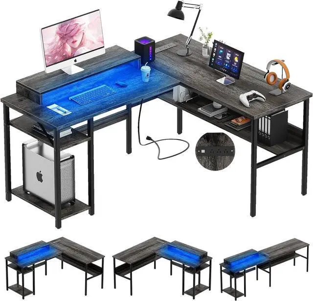 Main image of Unikito Reversible L Shaped Desk with Power Outlets and RGB LED Light, Sturdy Computer Desk with Ergonomic Monitor Stand and Storage Shelves, Corner Desk for Home Office, Easy Assembly, Black Oak