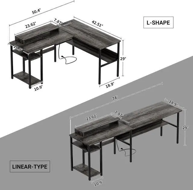 Alt view image 3 of 7 - Unikito Reversible L Shaped Desk with Power Outlets and RGB LED Light, Sturdy Computer Desk with Ergonomic Monitor Stand and Storage Shelves, Corner Desk for Home Office, Easy Assembly, Black Oak