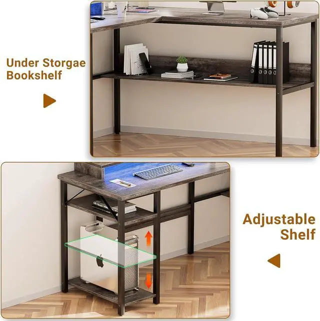 Alt view image 5 of 7 - Unikito Reversible L Shaped Desk with Power Outlets and RGB LED Light, Sturdy Computer Desk with Ergonomic Monitor Stand and Storage Shelves, Corner Desk for Home Office, Easy Assembly, Black Oak