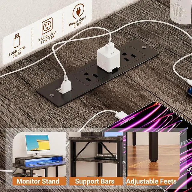 Alt view image 6 of 7 - Unikito Reversible L Shaped Desk with Power Outlets and RGB LED Light, Sturdy Computer Desk with Ergonomic Monitor Stand and Storage Shelves, Corner Desk for Home Office, Easy Assembly, Black Oak