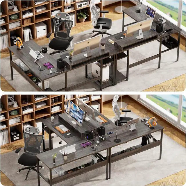 Alt view image 4 of 7 - Unikito Reversible L Shaped Desk with Power Outlets and RGB LED Light, Sturdy Computer Desk with Ergonomic Monitor Stand and Storage Shelves, Corner Desk for Home Office, Easy Assembly, Black Oak