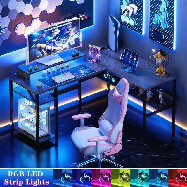 Alt view image 7 of 7 - Unikito Reversible L Shaped Desk with Power Outlets and RGB LED Light, Sturdy Computer Desk with Ergonomic Monitor Stand and Storage Shelves, Corner Desk for Home Office, Easy Assembly, Black Oak