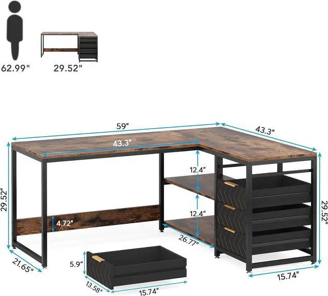Alt view image 3 of 7 - LITTLE TREE 59-Inch L Shaped Desk with Drawers, Large Computer Desk with Storage Shelves, Reversible L-Shaped Corner Desk Workstation for Home Office
