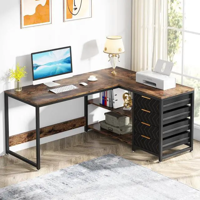Alt view image 2 of 7 - LITTLE TREE 59-Inch L Shaped Desk with Drawers, Large Computer Desk with Storage Shelves, Reversible L-Shaped Corner Desk Workstation for Home Office