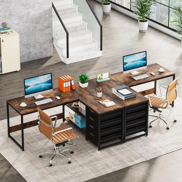 Alt view image 4 of 7 - LITTLE TREE 59-Inch L Shaped Desk with Drawers, Large Computer Desk with Storage Shelves, Reversible L-Shaped Corner Desk Workstation for Home Office