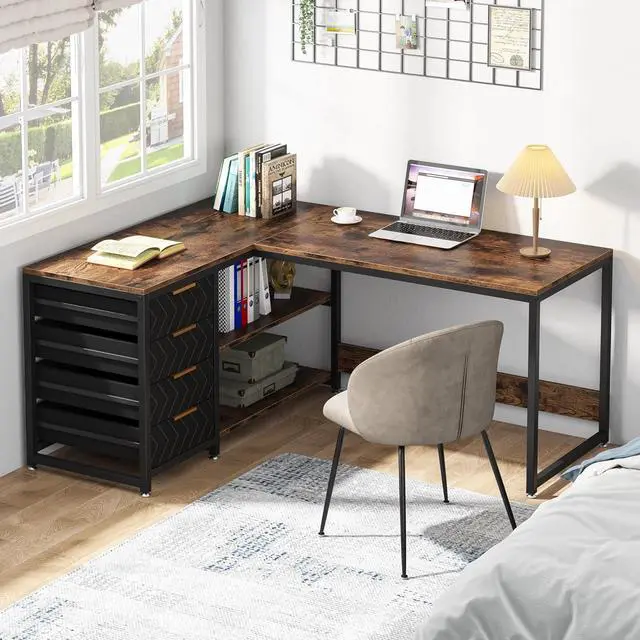 Alt view image 5 of 7 - LITTLE TREE 59-Inch L Shaped Desk with Drawers, Large Computer Desk with Storage Shelves, Reversible L-Shaped Corner Desk Workstation for Home Office