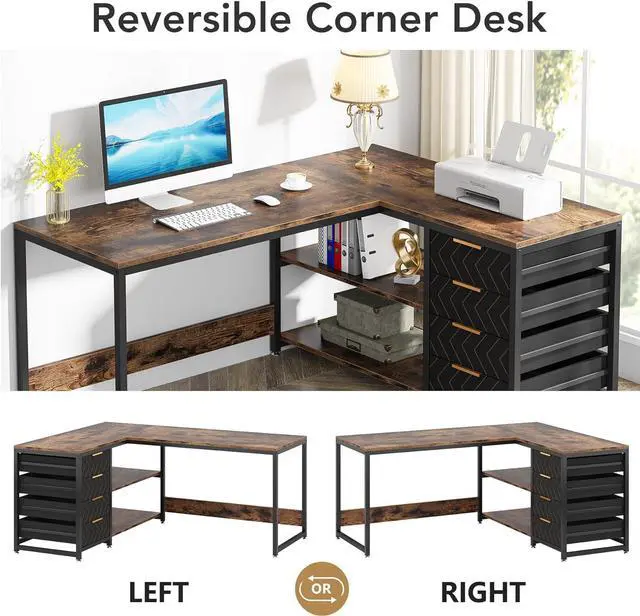 Alt view image 6 of 7 - LITTLE TREE 59-Inch L Shaped Desk with Drawers, Large Computer Desk with Storage Shelves, Reversible L-Shaped Corner Desk Workstation for Home Office