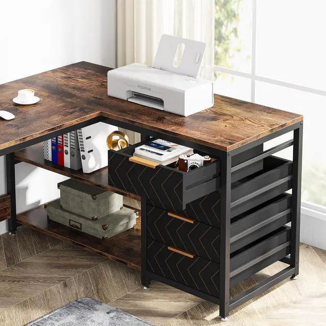 Alt view image 7 of 7 - LITTLE TREE 59-Inch L Shaped Desk with Drawers, Large Computer Desk with Storage Shelves, Reversible L-Shaped Corner Desk Workstation for Home Office