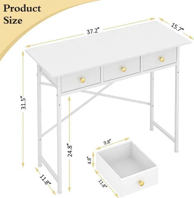 Alt view image 2 of 7 - White Writing Desk with 3 Drawers for Bedroom, 37.2 Inch Small Computer Desk for Small Spaces, Simple Study Desk for Kids Bedroom, Home Office, Dorm, Living Room, Small Vanity Make Up Desk, White