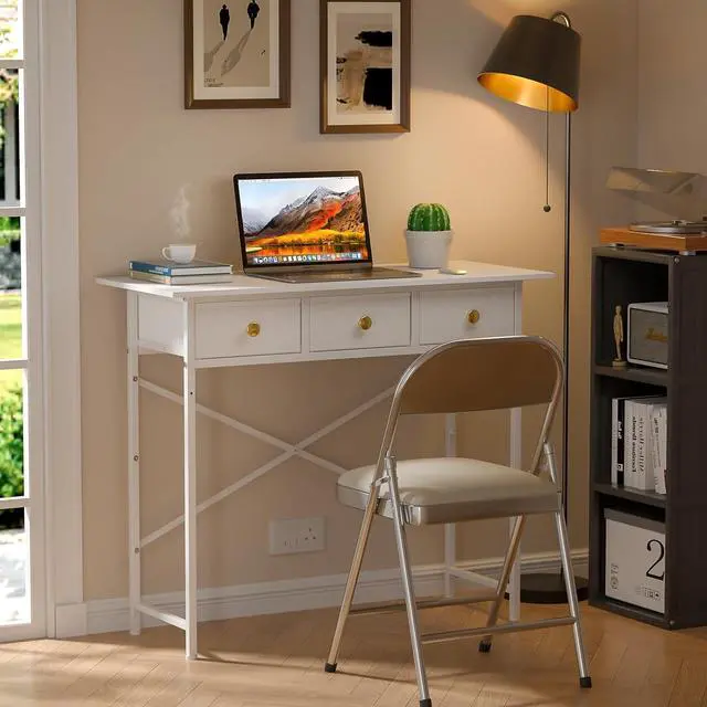 Alt view image 3 of 7 - White Writing Desk with 3 Drawers for Bedroom, 37.2 Inch Small Computer Desk for Small Spaces, Simple Study Desk for Kids Bedroom, Home Office, Dorm, Living Room, Small Vanity Make Up Desk, White