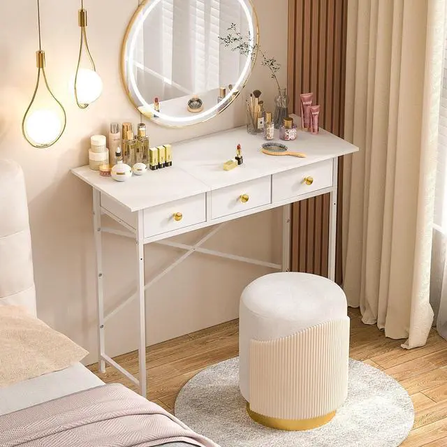 Alt view image 5 of 7 - White Writing Desk with 3 Drawers for Bedroom, 37.2 Inch Small Computer Desk for Small Spaces, Simple Study Desk for Kids Bedroom, Home Office, Dorm, Living Room, Small Vanity Make Up Desk, White