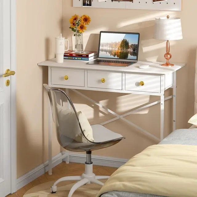 Alt view image 6 of 7 - White Writing Desk with 3 Drawers for Bedroom, 37.2 Inch Small Computer Desk for Small Spaces, Simple Study Desk for Kids Bedroom, Home Office, Dorm, Living Room, Small Vanity Make Up Desk, White