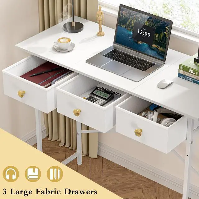 Alt view image 4 of 7 - White Writing Desk with 3 Drawers for Bedroom, 37.2 Inch Small Computer Desk for Small Spaces, Simple Study Desk for Kids Bedroom, Home Office, Dorm, Living Room, Small Vanity Make Up Desk, White