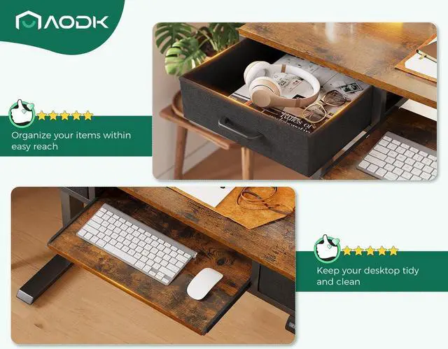 Alt view image 5 of 7 - Electric Standing Desk with Drawers & Keyboard Tray, 55 Inch Height Adjustable Gaming Desk with Power Outlets & LED Lights, Sit Stand Table with Monitor Stand for Home, Office, Rustic Brown