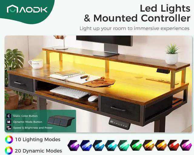 Alt view image 7 of 7 - Electric Standing Desk with Drawers & Keyboard Tray, 55 Inch Height Adjustable Gaming Desk with Power Outlets & LED Lights, Sit Stand Table with Monitor Stand for Home, Office, Rustic Brown