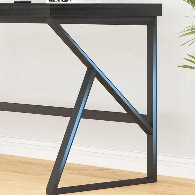 Alt view image 5 of 7 - HSH Black Desk, Modern Industrial Home Office Computer Desk, Laptop PC Desk for Student Work Writing Study Gaming, Simple Metal and Wooden Computer Table in Bedroom Living Room Workstation, 55 Inch