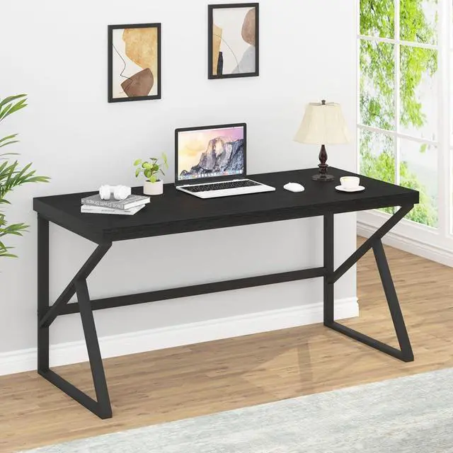 Alt view image 7 of 7 - HSH Black Desk, Modern Industrial Home Office Computer Desk, Laptop PC Desk for Student Work Writing Study Gaming, Simple Metal and Wooden Computer Table in Bedroom Living Room Workstation, 55 Inch
