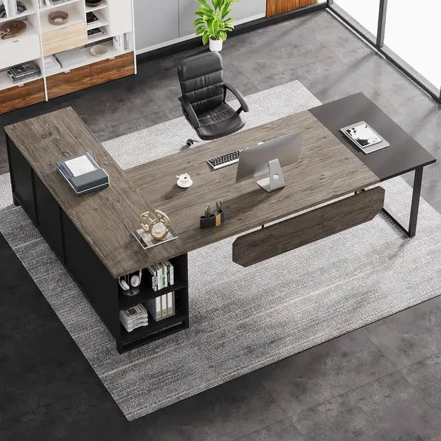 Alt view image 4 of 7 - Tribesigns 70.8-Inch Executive Desk with 55-Inch File Cabinet, Large L Shaped Computer Desk with Storage Cabinet and Shelves, Industrial L-Shaped Desk for Home Office, Retro Gray & Black