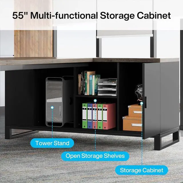 Alt view image 6 of 7 - Tribesigns 70.8-Inch Executive Desk with 55-Inch File Cabinet, Large L Shaped Computer Desk with Storage Cabinet and Shelves, Industrial L-Shaped Desk for Home Office, Retro Gray & Black