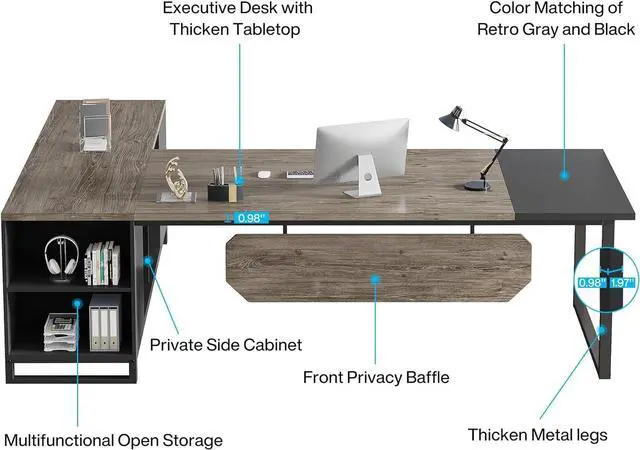 Alt view image 5 of 7 - Tribesigns 70.8-Inch Executive Desk with 55-Inch File Cabinet, Large L Shaped Computer Desk with Storage Cabinet and Shelves, Industrial L-Shaped Desk for Home Office, Retro Gray & Black