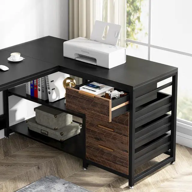 Alt view image 7 of 7 - LITTLE TREE 59-Inch L Shaped Desk with Drawers, Large Computer Desk with Storage Shelves, Reversible L-Shaped Corner Desk Workstation for Home Office
