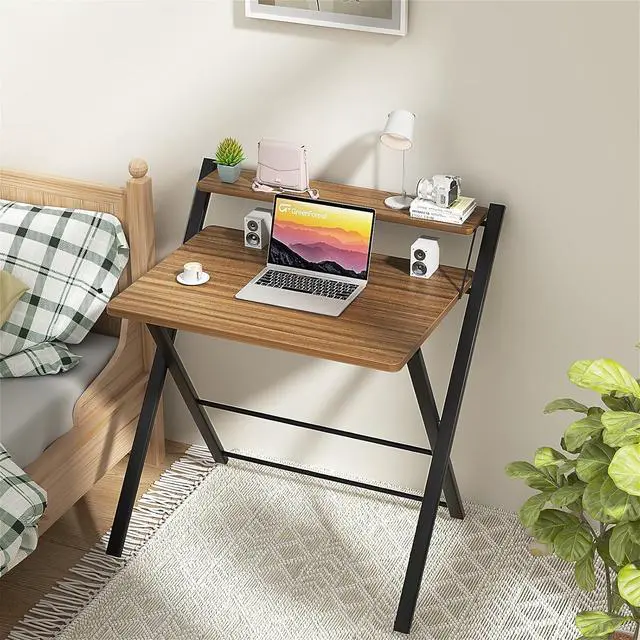 Alt view image 2 of 7 - GreenForest Folding Desk No Assembly Required Small Size, 2-Tier Foldable Computer Desk with Shelf for Home Office, Space Saving Portable Laptop Study Foldable Table for Small Spaces, Espresso