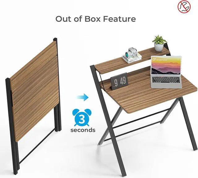 Alt view image 4 of 7 - GreenForest Folding Desk No Assembly Required Small Size, 2-Tier Foldable Computer Desk with Shelf for Home Office, Space Saving Portable Laptop Study Foldable Table for Small Spaces, Espresso