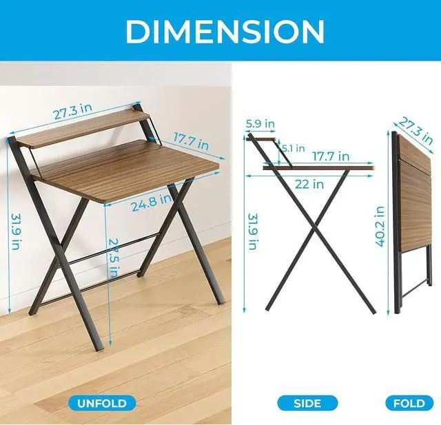Alt view image 3 of 7 - GreenForest Folding Desk No Assembly Required Small Size, 2-Tier Foldable Computer Desk with Shelf for Home Office, Space Saving Portable Laptop Study Foldable Table for Small Spaces, Espresso