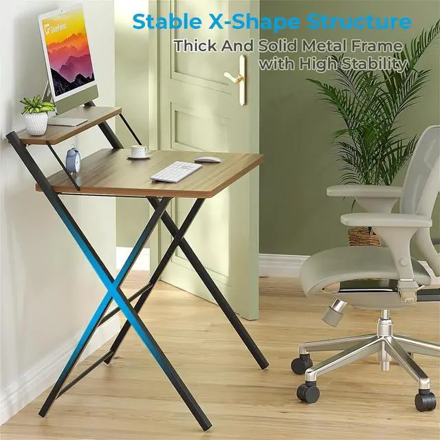 Alt view image 6 of 7 - GreenForest Folding Desk No Assembly Required Small Size, 2-Tier Foldable Computer Desk with Shelf for Home Office, Space Saving Portable Laptop Study Foldable Table for Small Spaces, Espresso