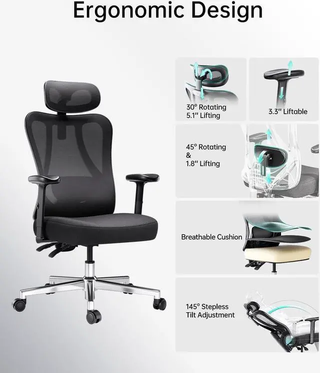 Alt view image 7 of 7 - Hbada P3 Ergonnomic Office Chair with 2D Adjustable Lumbar Support, Office Chair with Adjustable Headrest and Armrest, 145° Stepless Tilt Function, Black(No Footrest)