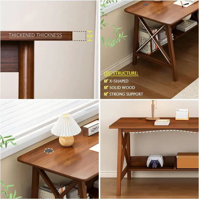 Alt view image 2 of 7 - Extra Long Desk with Bookshelf - Wooden Home Office Work Study Table, Writing Computer Workstation with Storage Shelf in Walnut, 55" Wx20 Dx30 H