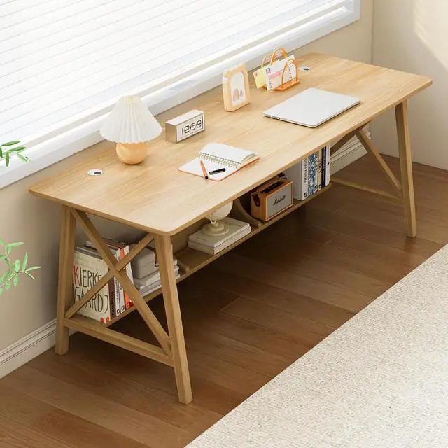 Main image of Extra Long Desk with Bookshelf - Wooden Home Office Work Study Table, 2-Person Writing Computer Workstation with Storage Shelf in Oak, 63" Wx24 Dx30 H