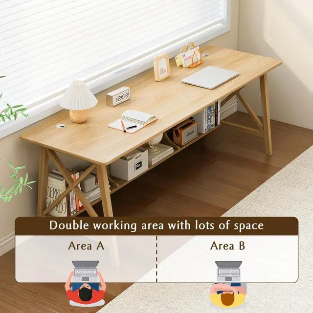 Alt view image 4 of 7 - Extra Long Desk with Bookshelf - Wooden Home Office Work Study Table, 2-Person Writing Computer Workstation with Storage Shelf in Oak, 63" Wx20 Dx30 H