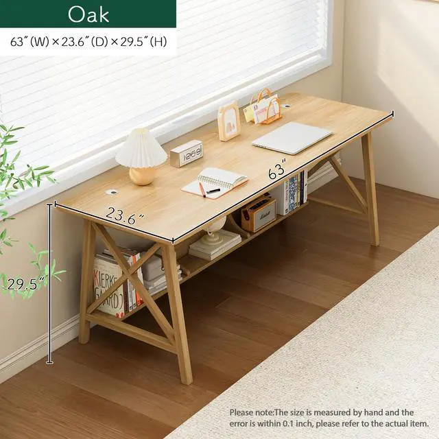 Alt view image 5 of 7 - Extra Long Desk with Bookshelf - Wooden Home Office Work Study Table, 2-Person Writing Computer Workstation with Storage Shelf in Oak, 63" Wx24 Dx30 H